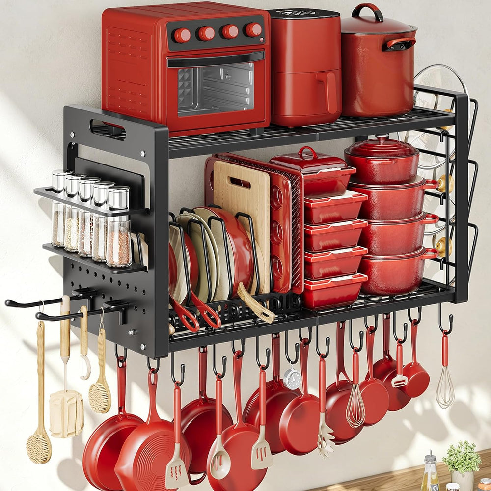 Pot Rack Wall Mount,4 in 1 Hanging Heavy Duty Metal Pan Shelf Organizer with ...
