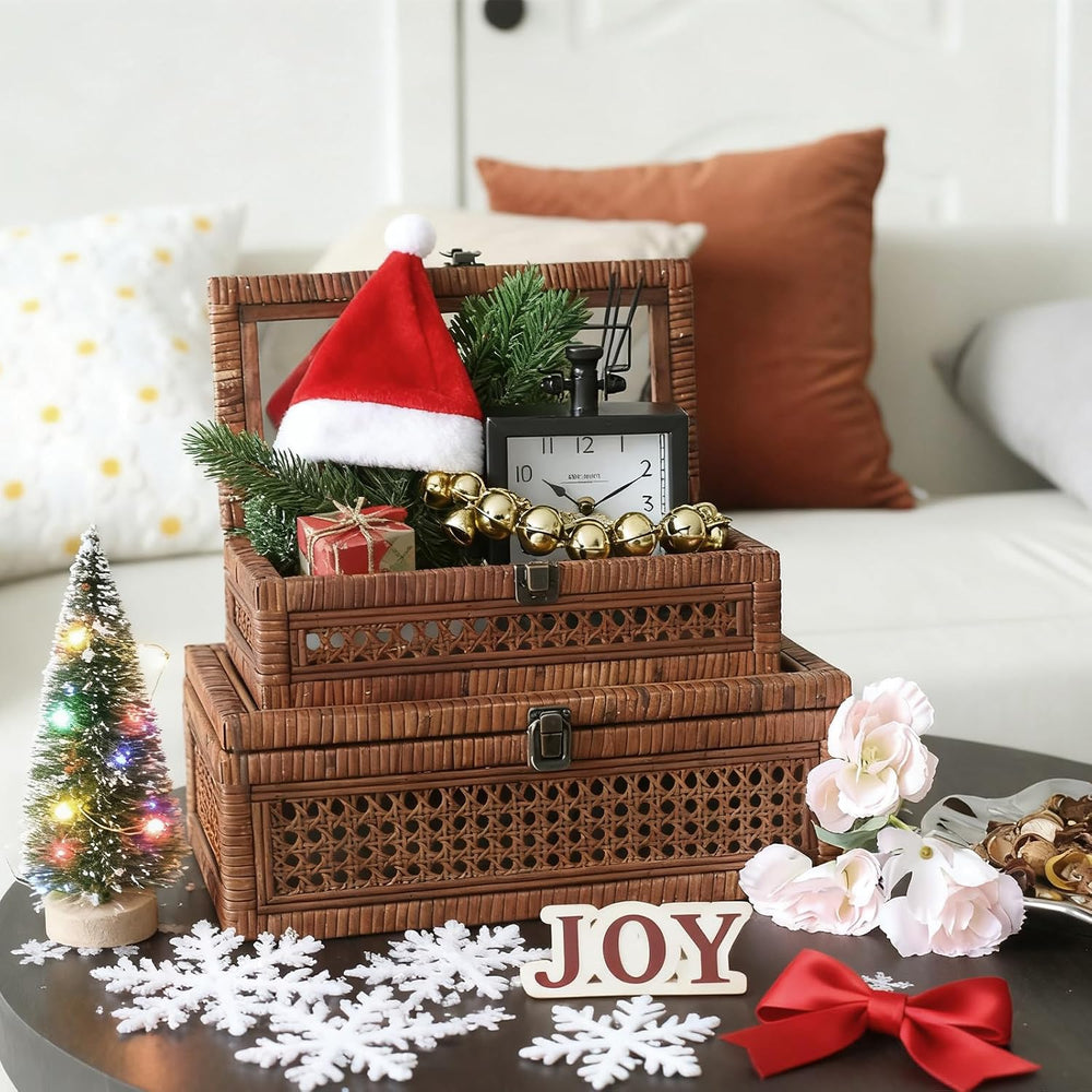 DECOR4SEASON Set of 2 Rattan and Cane Stacking Boxes,Brown,12"&14"