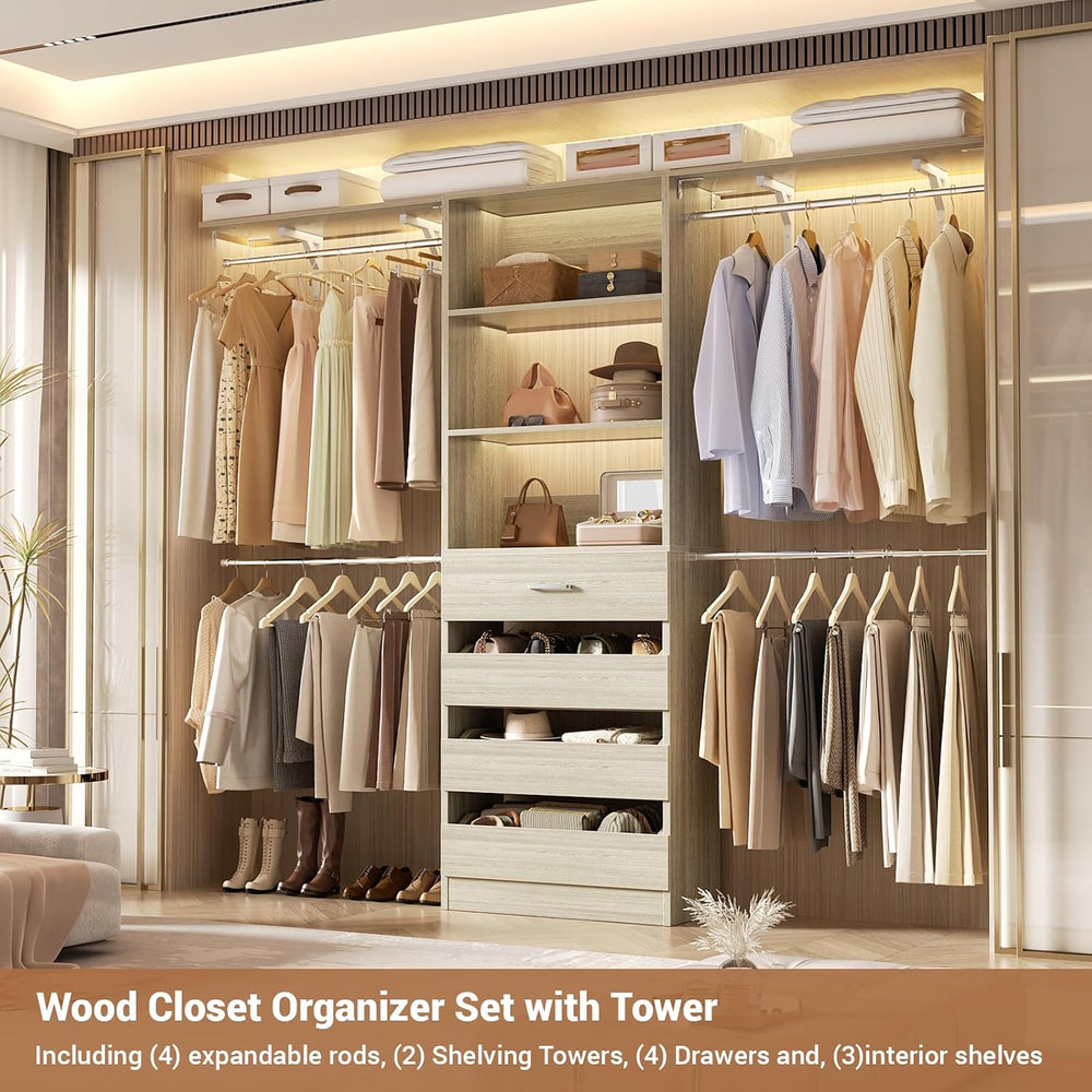 Aheaplus Closet System, 8FT Wood Closet Organizer System with 4 Drawers