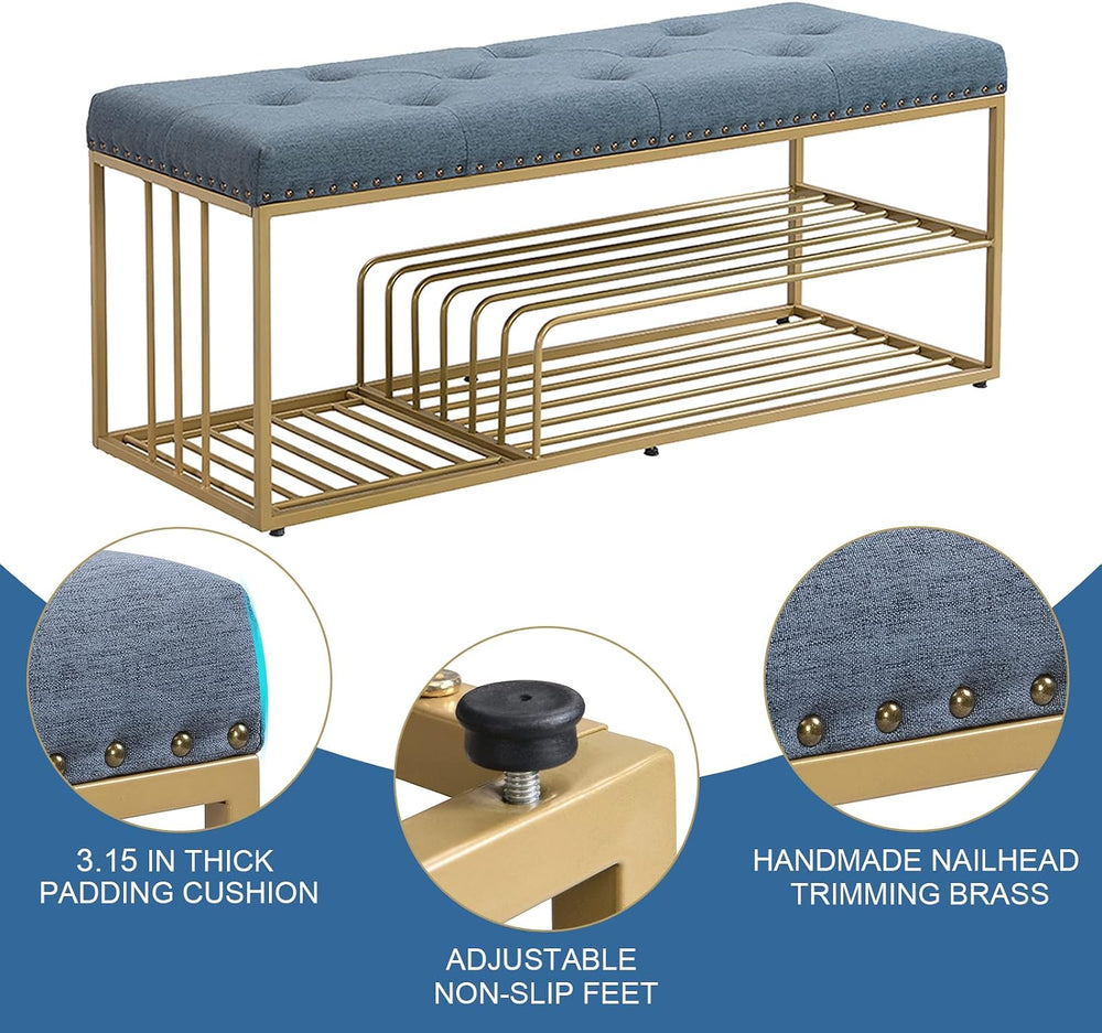 Upholstered Shoe Storage Bench-Nailhead Trim Linen Ottoman Bench with Shoes R...