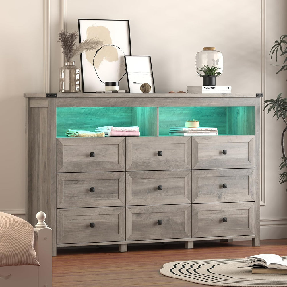 Xixini Dresser for Bedroom with 9 Drawers, LED Lights, Power Outlet, Grey