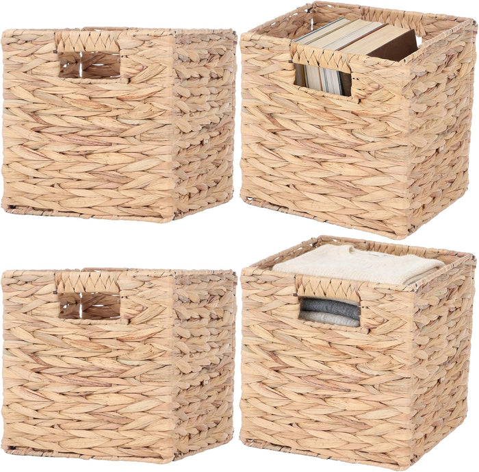 4 Pcs 9 Inch Wicker Cubes Storage Bins - Woven Water Hyacinth Storage Baskets, Foldable Bins with Handles, Collapsible Square Containers for Shelves, Closets, 8.7×8.7×8.7"
