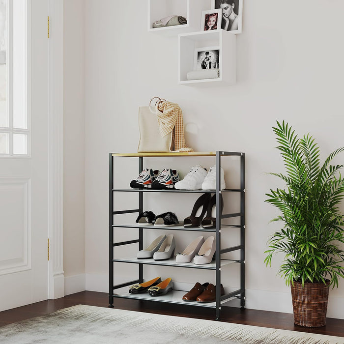 AHMED Shoe Rack,5-Tier Metal Shoe Rack with MDF Top Board and 4 Mesh Shelves,Modern Shoe Storage Organizer for Entryway, Hallway,24.8 Inch,Walnut and Black