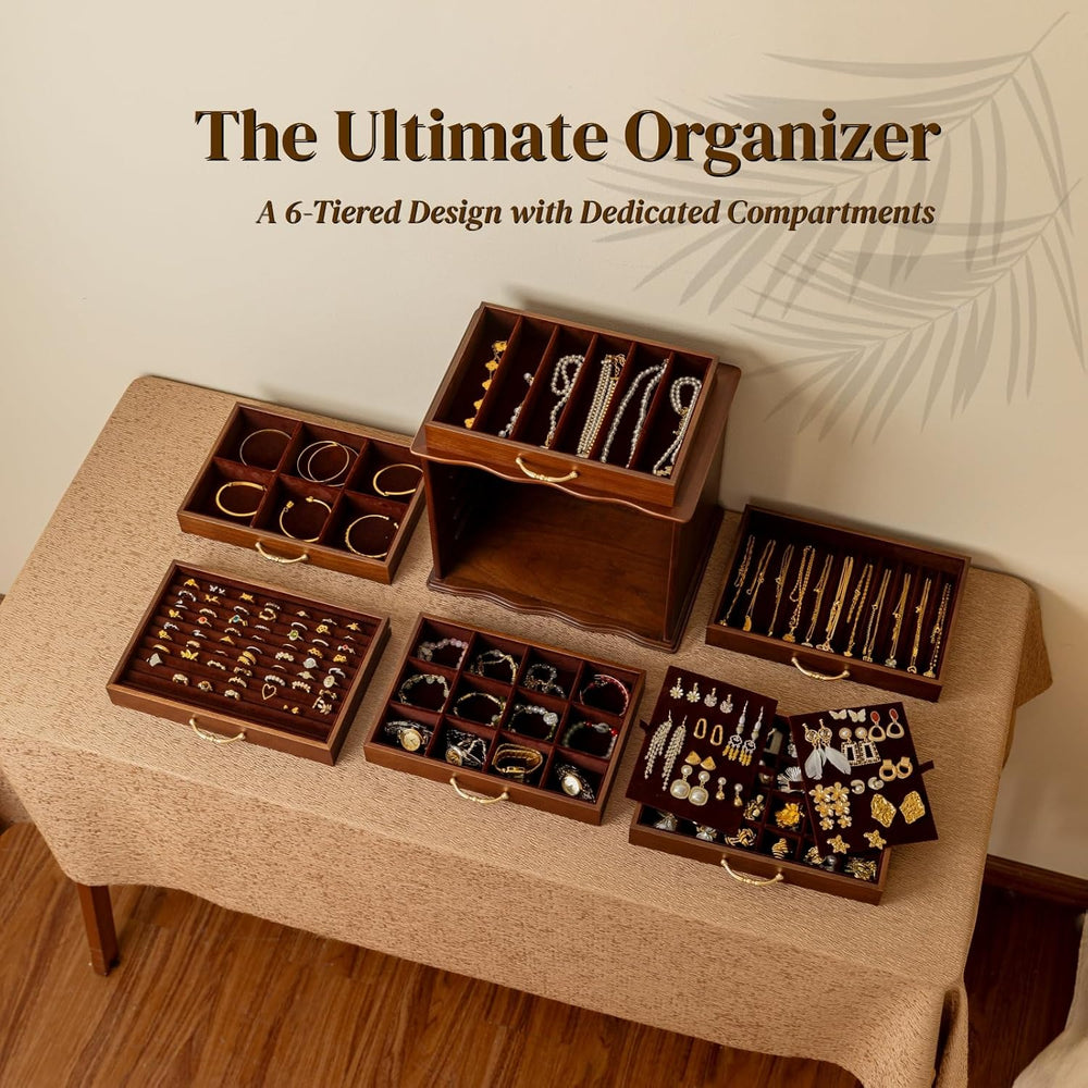 KINTNESS Black Walnut Wooden Jewelry Box - 6 Drawers Solid Wood Large Jewelry...