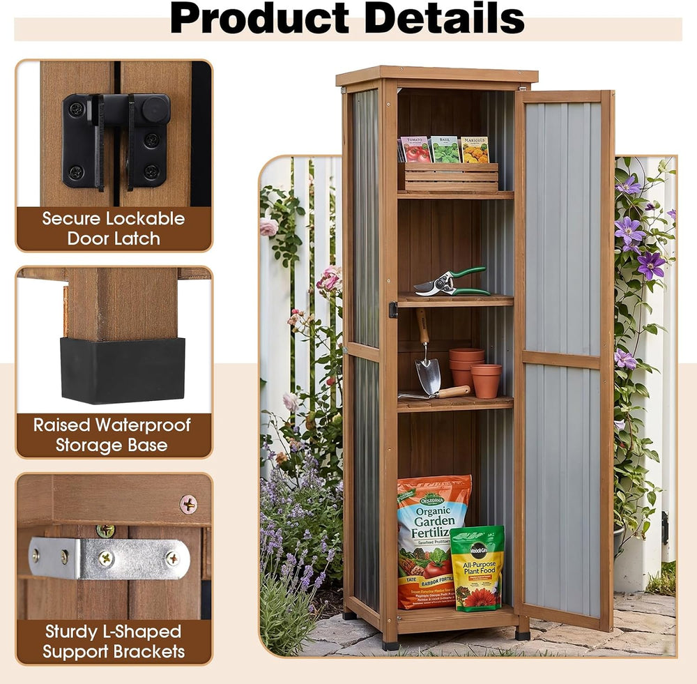 62" H Tall Narrow Outdoor Storage Cabinet with Metal Top, Outdoor Shed S...