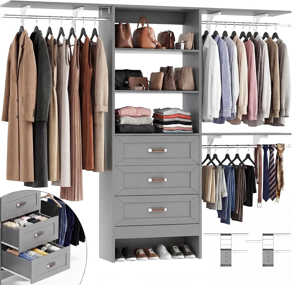 8FT Closet System with 3 Curved Drawers, 96'' Wooden Walk-in Closet O...