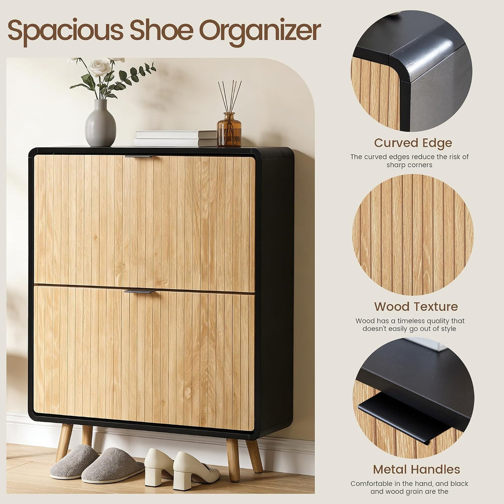 FurSch Fluted Shoe Storage Cabinet with 2 Flip Drawers, Narrow Shoe Rack Cabi...