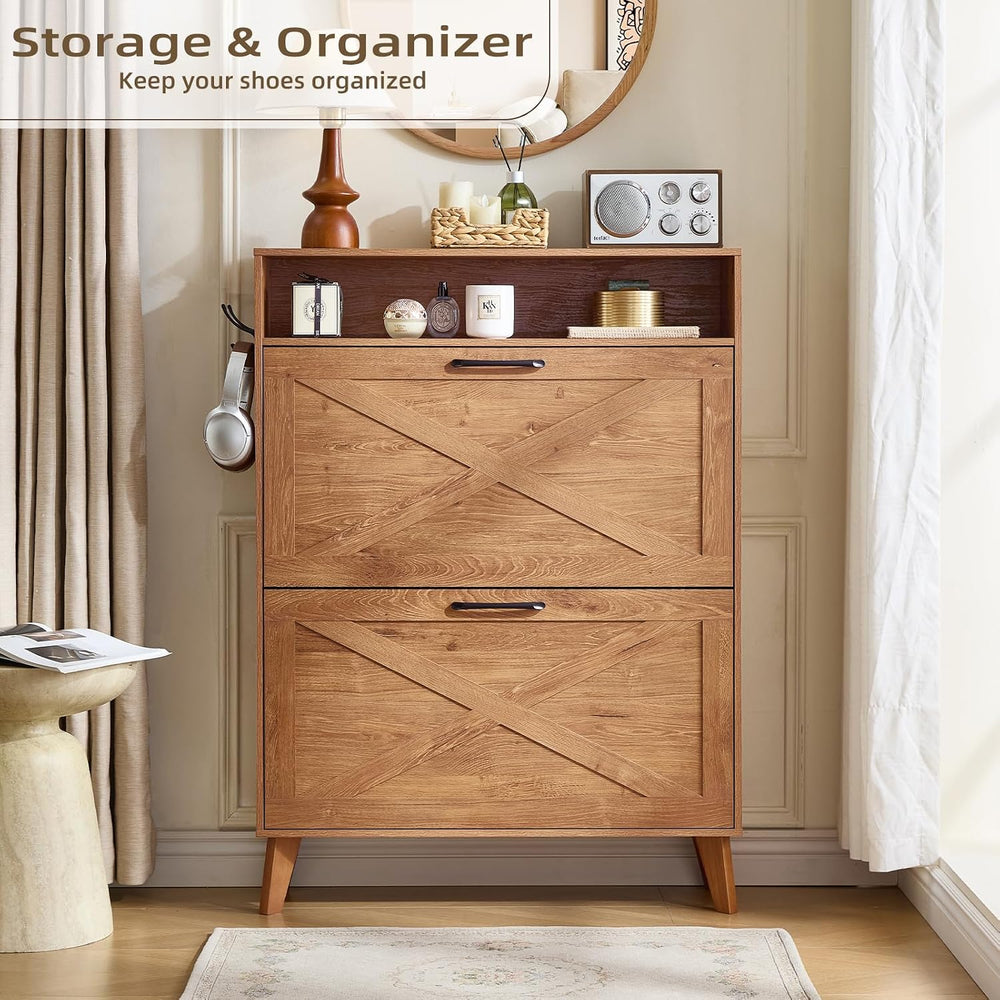 Joaxswe Narrow Shoe Cabinet with 2 Flip Drawers for Entryway,Tea Brown
