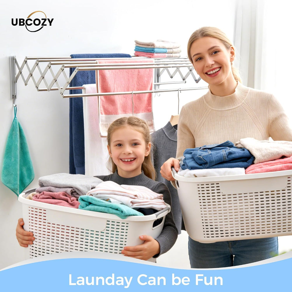 | Clothes Drying Rack Wall Mounted with Hooks - Foldable & Removable Laun...