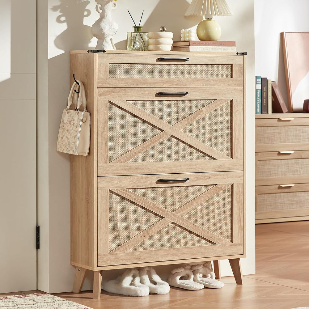 LEYAOYAO Rattan Shoe Cabinet Storage for Entryway with 2 Flip Drawers