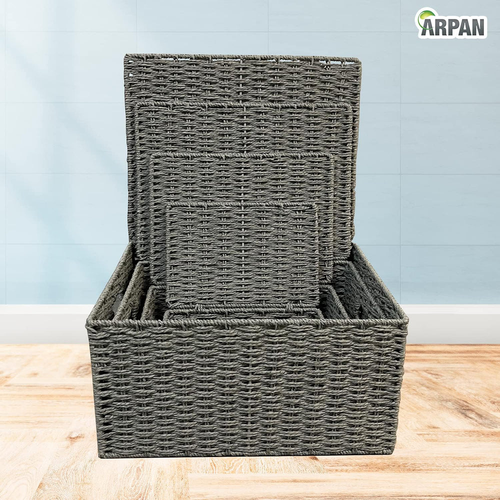 Arpan Set Of 4 Paper Rope Storage Hamper Basket With Lid - Including Xlarge,L...