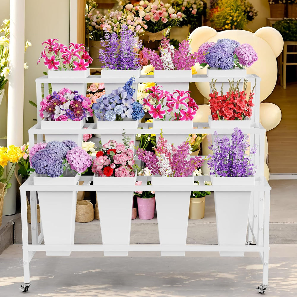 Asee'm Flower Display Stand with Buckets Bloom Bar Cart with Wheels White