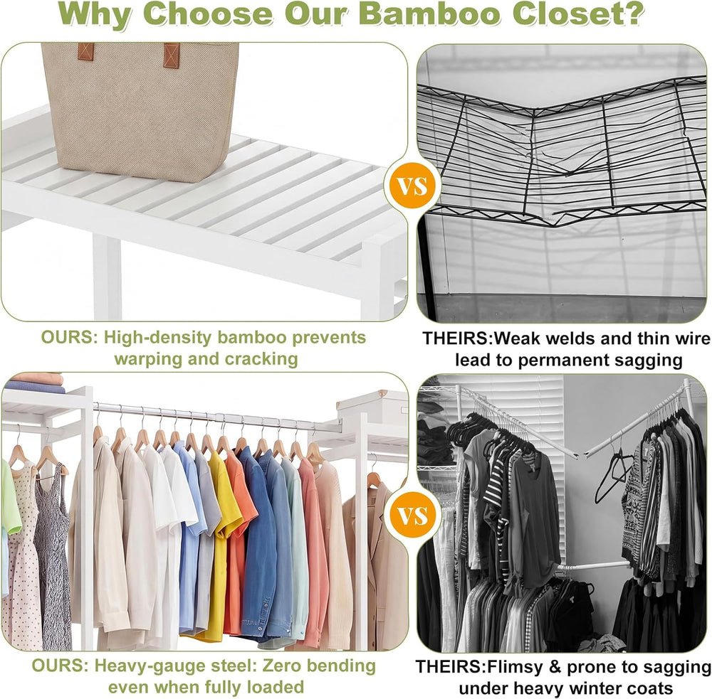 Homykic Bamboo Clothing Rack, 74”-88” Expandable Closet System, White