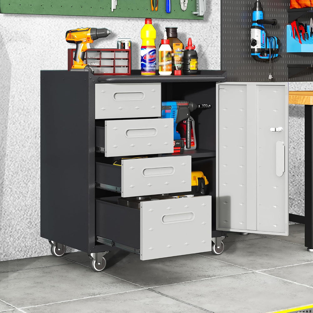 Garage Cabinets,Metal Garage Storage Cabinet with Wheels,Lockable Rolling Too...