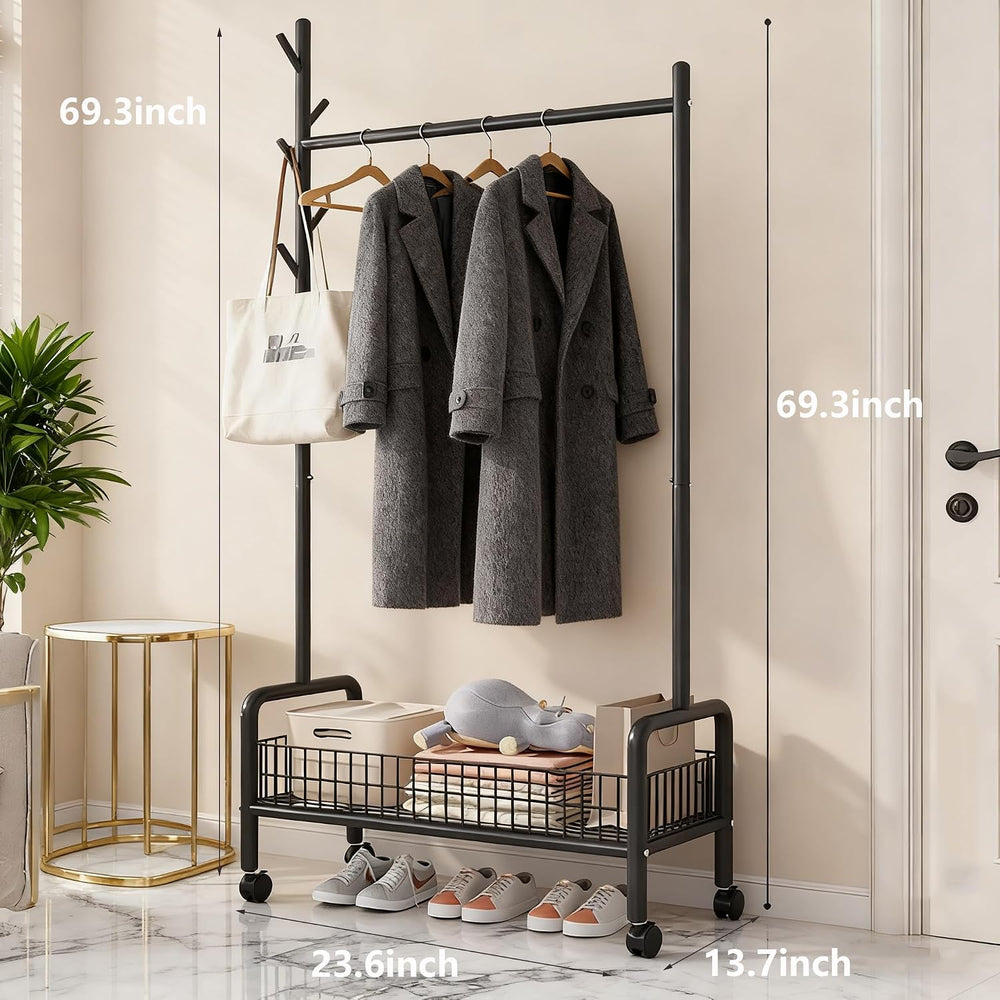MYUPDALIN Rolling Metal Clothes Rack with Shelves & Storage Basket, Black
