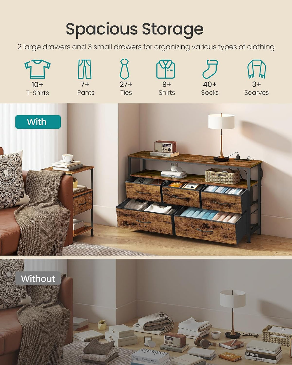 SONGMICS Dresser with App-Controlled LED Lights, 5 Fabric Drawers Dresser