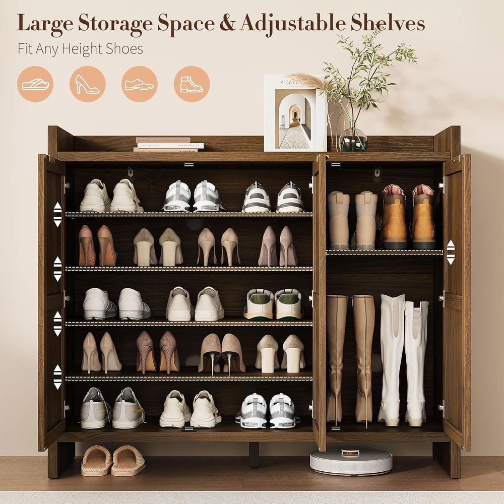 Rattan Shoe Storage Cabinet, Wooden Shoe Rack Organizer Cabinet with 3 Doors ...