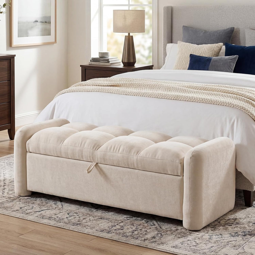 Oversized Ottoman Bench with Storage, Chenille Beige