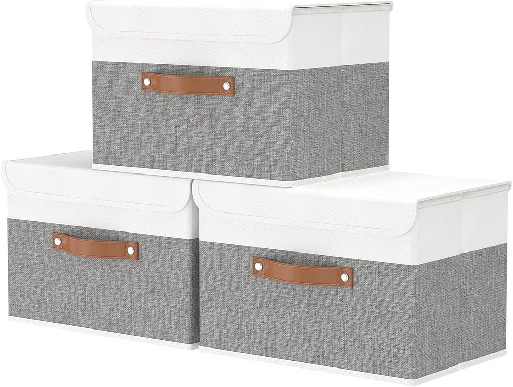 OUTBROS Storage Box with Lids, 17.7x11.8x11.8 inch (White/Grey, 3-Pack)