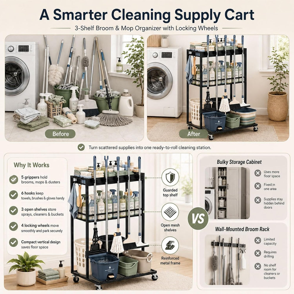 Rolling Cleaning Supply Cart, 3-Shelf Broom Mop Organizer, Locking Wheels