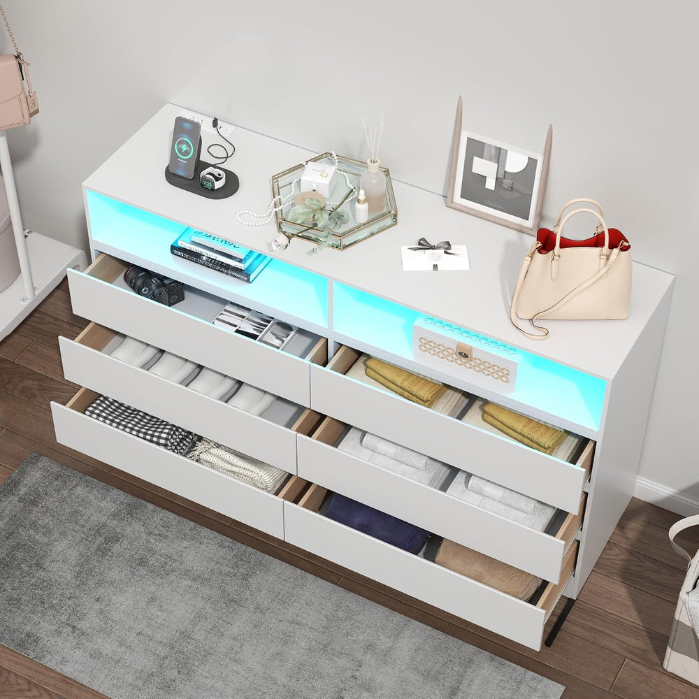Gyfimoie White 6-Drawer Dresser for Bedroom w/Power Outlet and LED Light