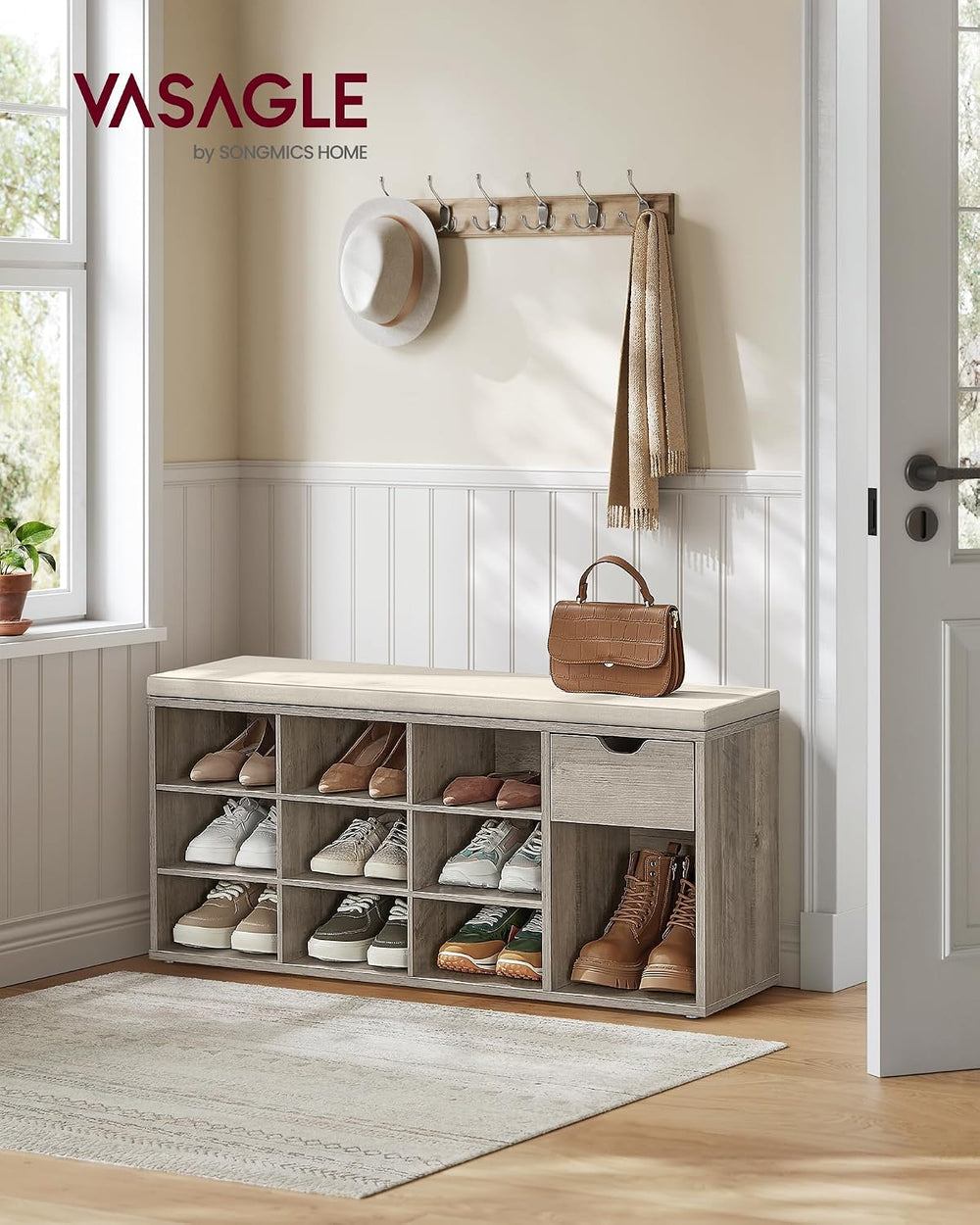 VASAGLE Shoe Bench with Cushion, Storage Bench, 10 Compartments