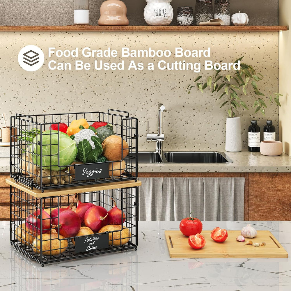 2 Pack Stackable Wire Baskets with Bamboo Top,Pantry Organizers Counter