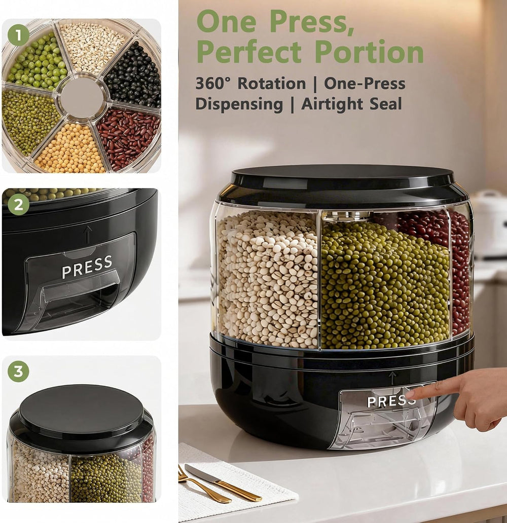 Rotating Grain Storage Bin 6 Grids Rice Container One-Click Output Large Capa...