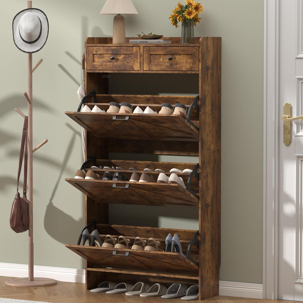 Thacuok Shoe Cabinet with 3 Flip Drawers & 2 Storage Drawers, Rustic Farm...