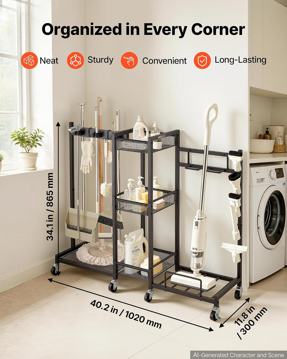 VEVOR Broom Holder with Cleaning Supplies Organizer, Metal Garage Storage