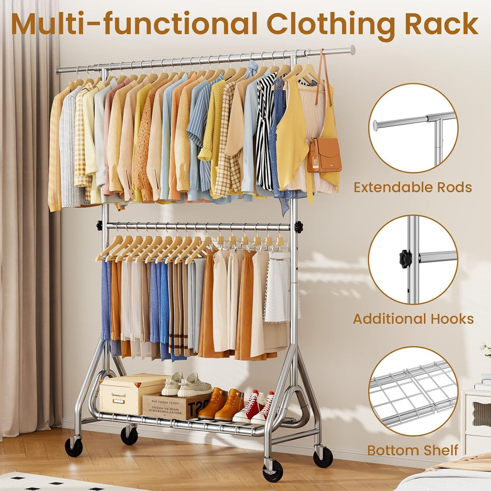 Heavy Duty Clothes Rack for Hanging Clothes, Double Rods Clothing Rack with L...