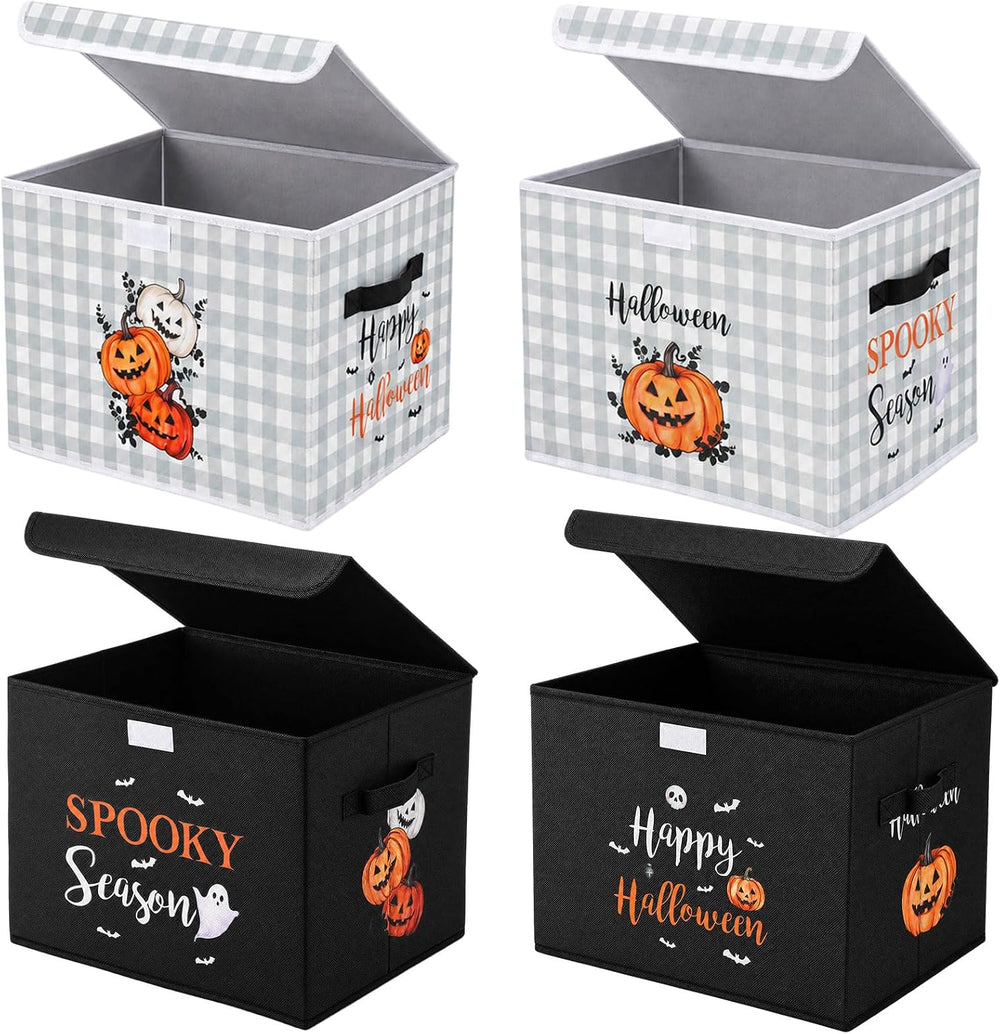 CHENGU 4 Pcs Black White Halloween Storage Bin with Lid and Carrying Handle
