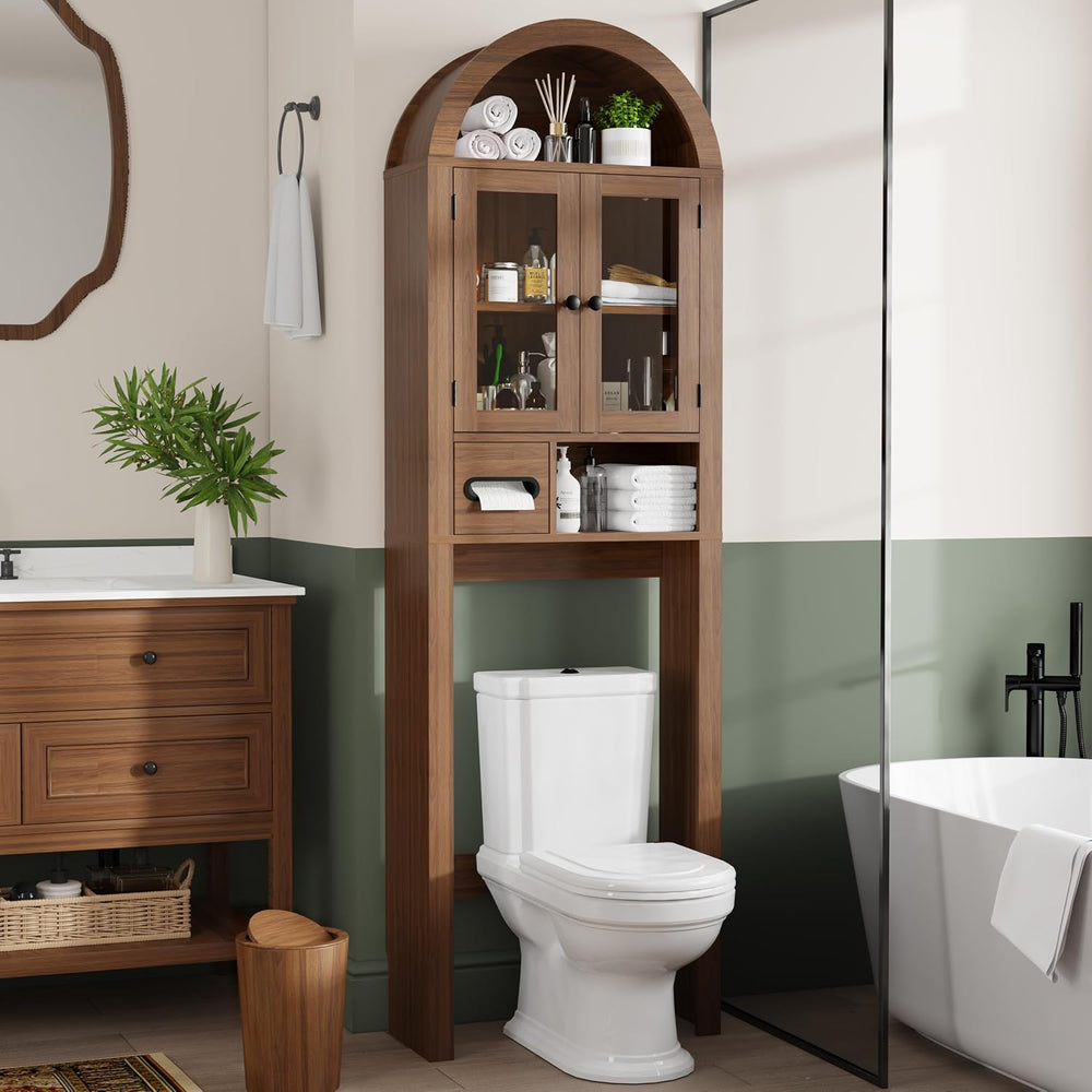 Arched Over the Toilet Storage Cabinet with Tempered Glass Doors, Walnut