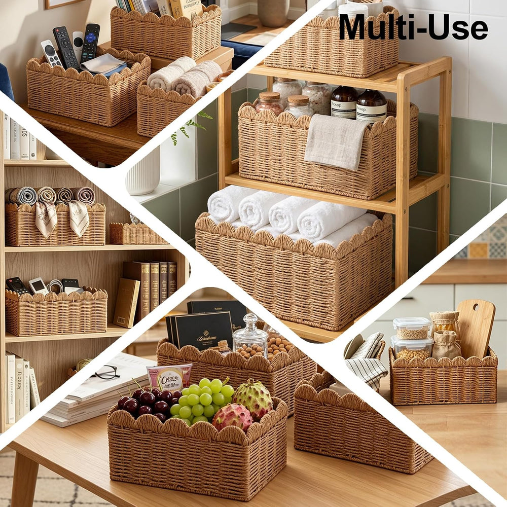 3 Pcs Wicker Storage Baskets for Shelves Picnic Basket,Scalloped Baskets, Han...