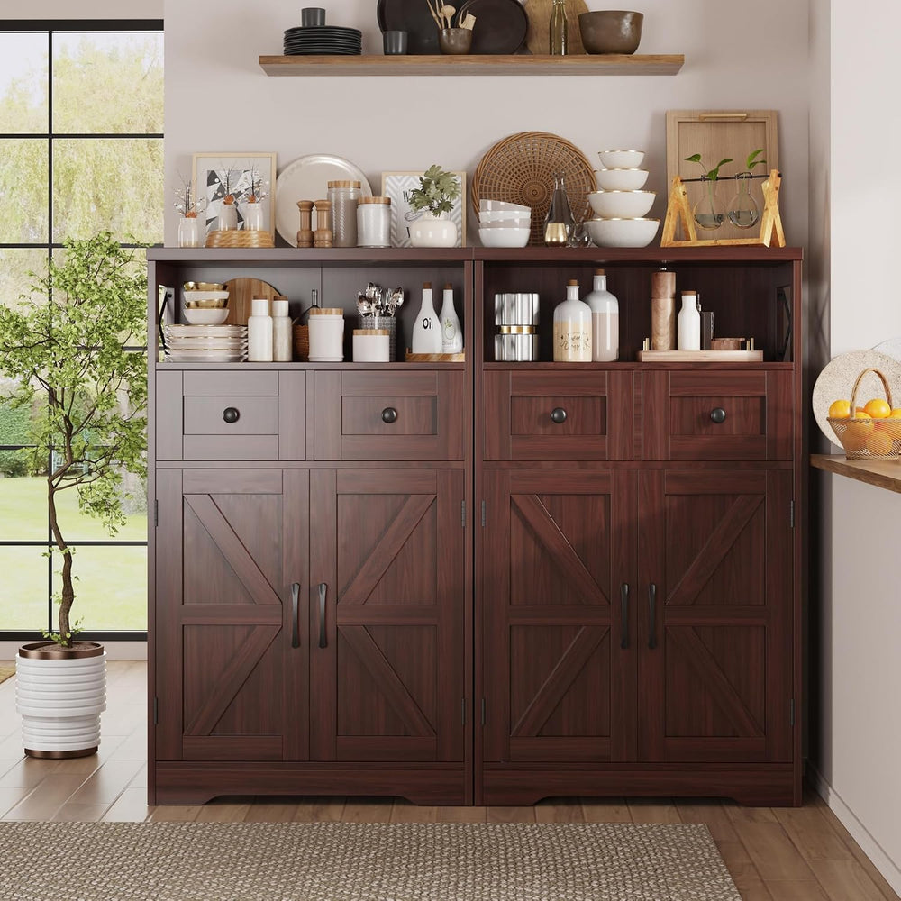 Dark Brown Farmhouse Storage Cabinet with Doors and Drawers, Small Pantry