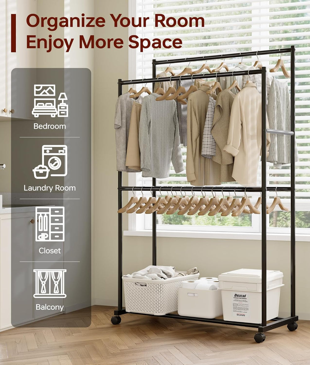 Clothes Rack - 36.2" x 21.3" x 72", 4-Bar Double Rod Rolling M...