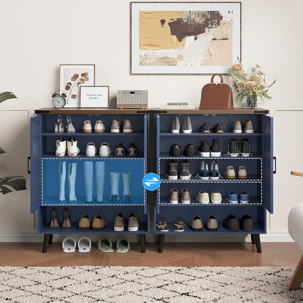 Vabches 34" Tall Farmhouse Shoe Storage Cabinet with Barn Doors, Navy Blue