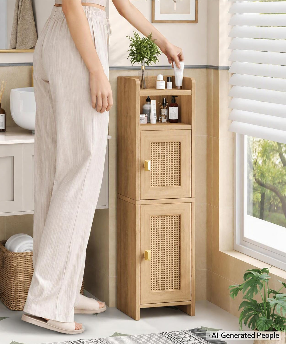 Akxomel Rattan Small Bathroom Cabinet with Open Shelf Wooden Floor Unit