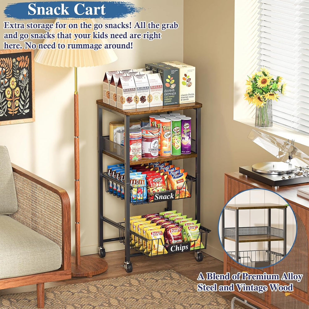 OKZEST 4-Tier Rolling Storage Cart with Upgraded Drawer Basket & Wood Shelf