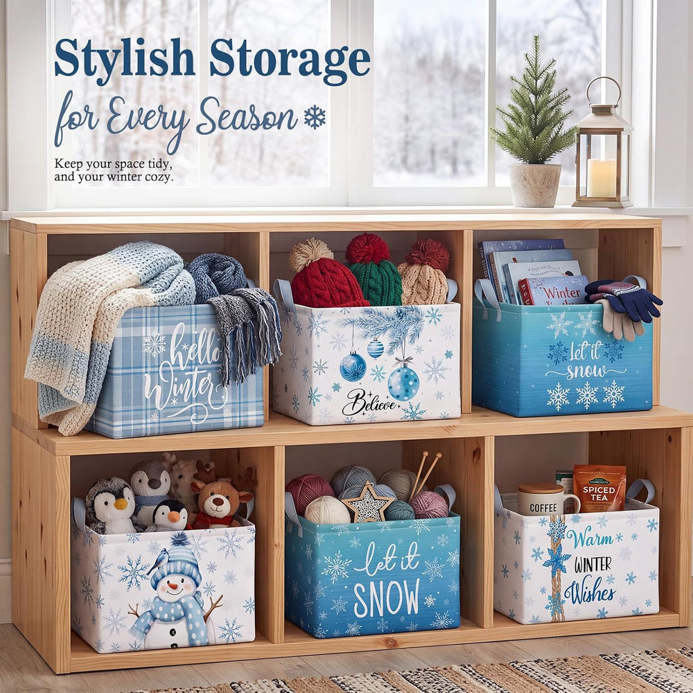 Bucherry 6 Pack Winter Storage Baskets, Snowflake Collapsible Canvas Bins