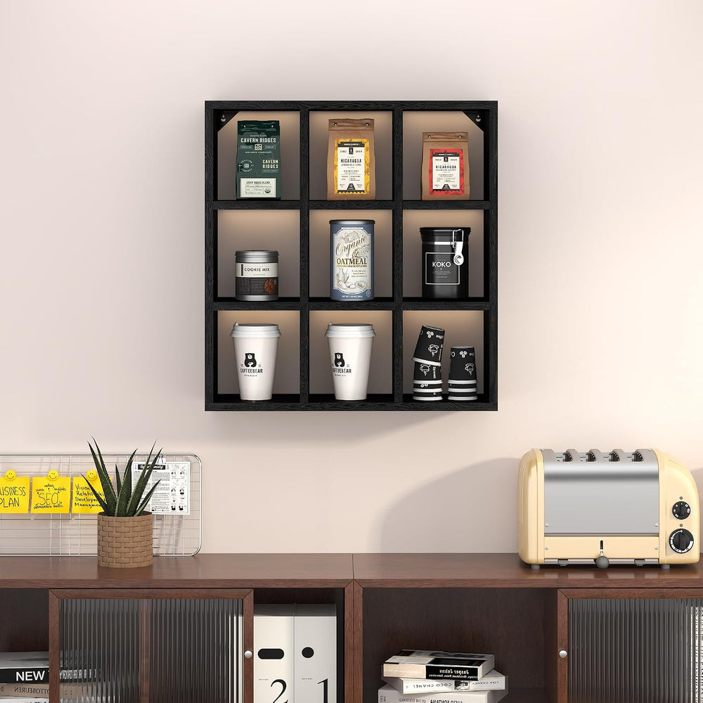 Helsin 9 Grid Vintage Coffee Mug Display Rack, 16inch Wall Mounted Wooden Cur...