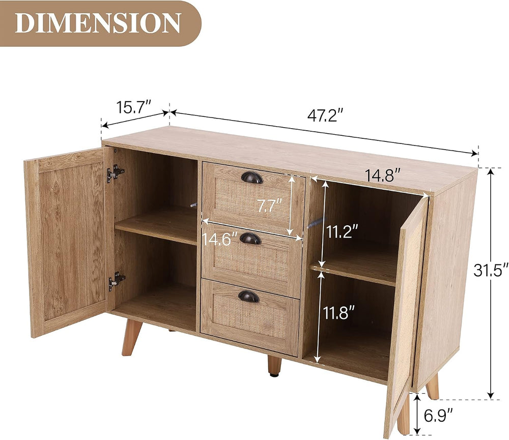 PHI VILLA Rattan Cabinet Sideboard, Buffet Cabinet with Storage
