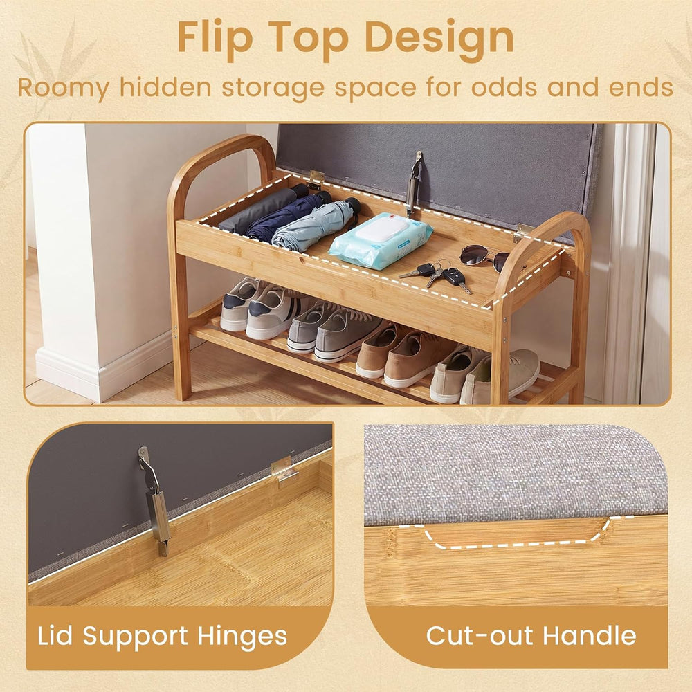 GOFLAME Bamboo Shoe Rack Bench with Storage, 2-Tier Entryway Bench with Flip ...