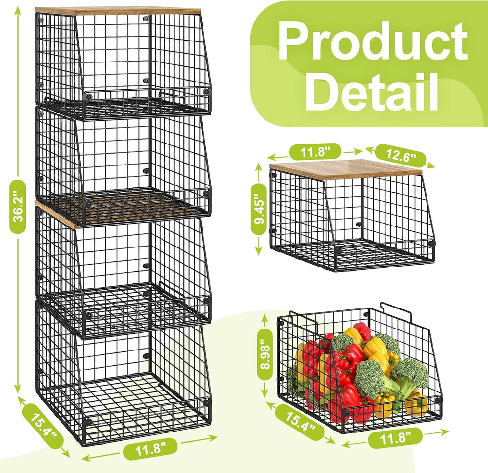 Jakyitvi 4 Pack Stackable Wire Baskets with Fixed Wooden Top, Vegetable Fruit...