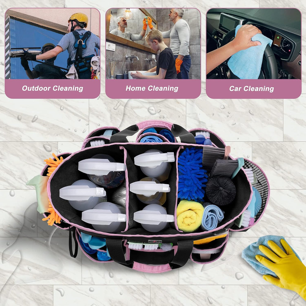 LoDrid Cleaning Caddy Bag with 3 Compartments and Shoulder Strap, Pink Edge