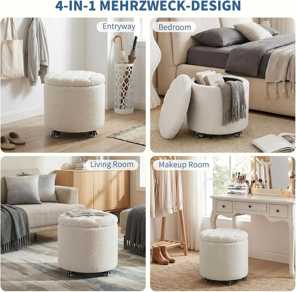 Furniliving Modern Round Storage Ottoman with Wheels,Button Tufted Ottoman Fo...