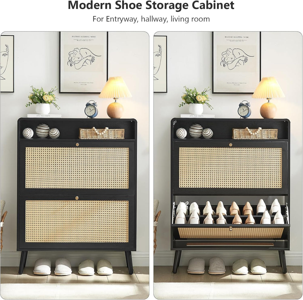Hommoo Rattan Shoe Storage Cabinet Set of 2 with 2 Flip Doors, Wood Narrow Sh...