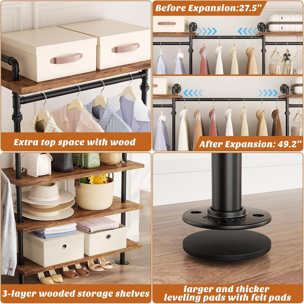 Aheaplus Industrial Pipe Clothing Rack, Expandable Garment Rack, Closet Syste...