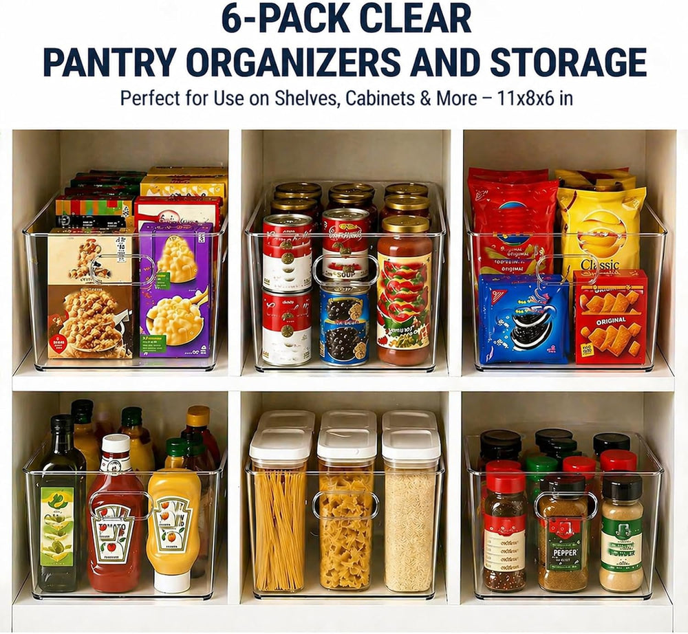 MOONEDGE 6 Pack Clear Organizer Bins 11x8x6in Pantry Organizers and Storage
