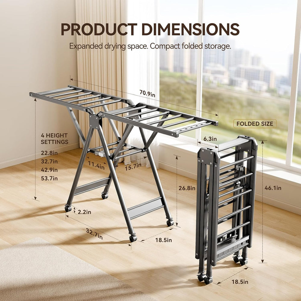 SUJI Collapsible Clothes Drying Rack, Dual Wing with Wheels, Grey